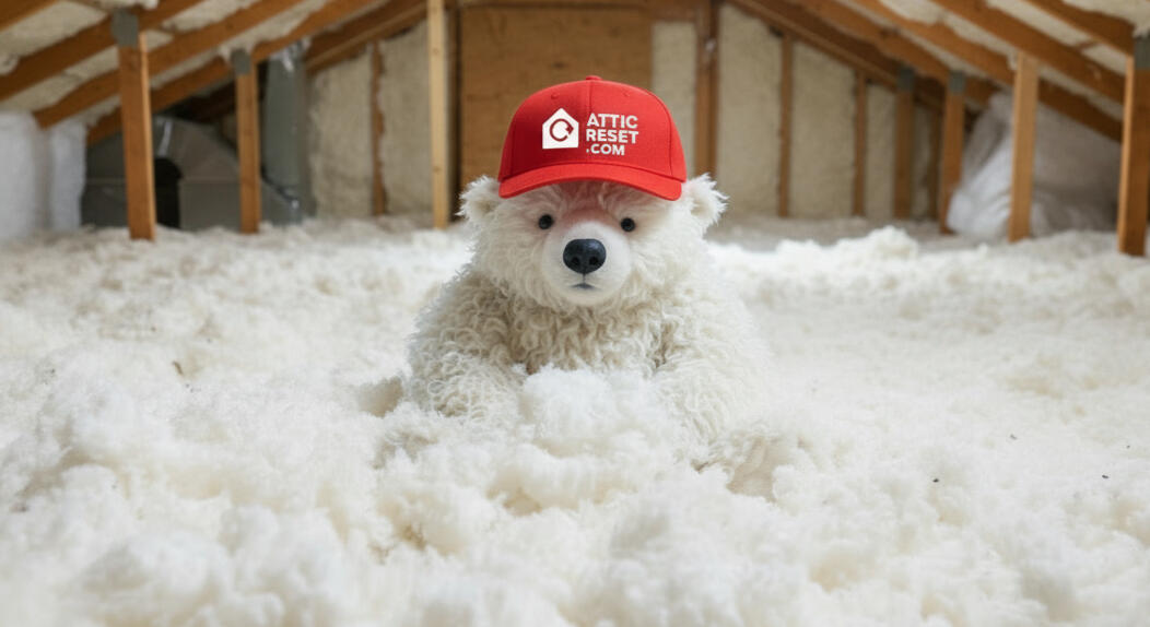 Attic Reset polar bear mascot in an attic surrounded by fresh blown-in insulation