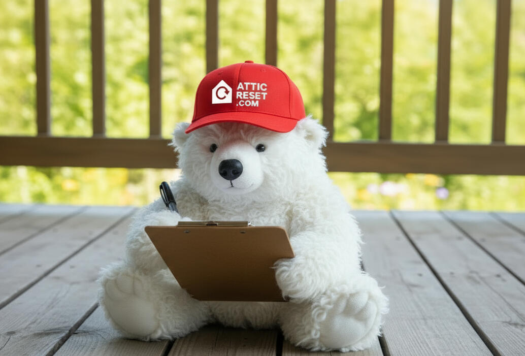 Attic Reset polar bear mascot with clipboard ready to plan your attic upgrade