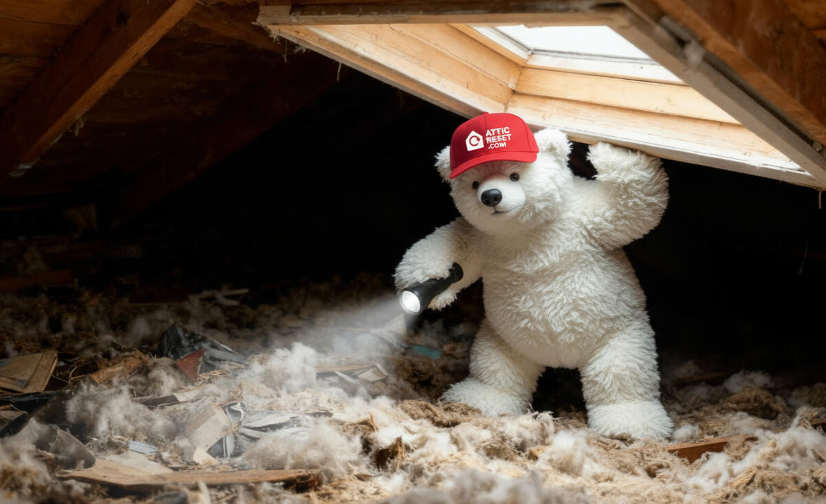 Attic Reset polar bear mascot inspecting old attic insulation with a flashlight